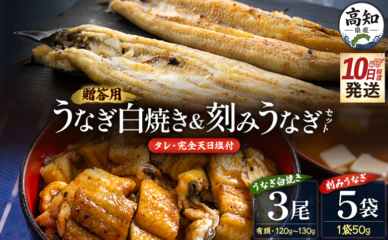 【10日程度で発送】贈答用 高知県産鰻の白焼き120～130ｇ3尾 刻み鰻50ｇ×5袋 蒲焼きのタレ5袋 天日塩20ｇ - お中元 鰻 ウナギ 有頭 つまみ 蒲焼きのたれ 個包装 真空パック うな丼 父の日 国産 吉川水産 高知県 香南市 冷凍 yw-0131