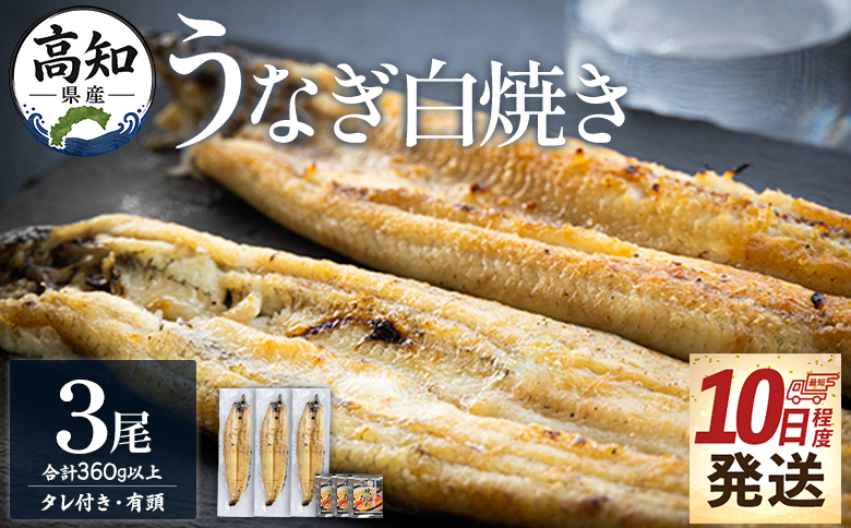 【10日程度で発送】高知県産鰻の白焼き120～130ｇ 3尾 蒲焼きのタレ3袋 エコ包装 - お中元 鰻 ウナギ 有頭 つまみ 蒲焼きのたれ タレ個包装 真空パック うな丼 ウナ丼 父の日 国産 吉川水産 高知県 香南市 冷凍 yw-0127