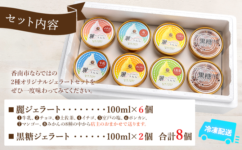 麗ジェラートと黒糖ジェラート 8個セット - アイスクリーム デザート スイーツ お菓子 洋菓子 詰合せ 詰め合わせ アソート フレーバー ギフト 贈り物 ドルチェかがみ 高知県 香南市 冷凍 dc-0072