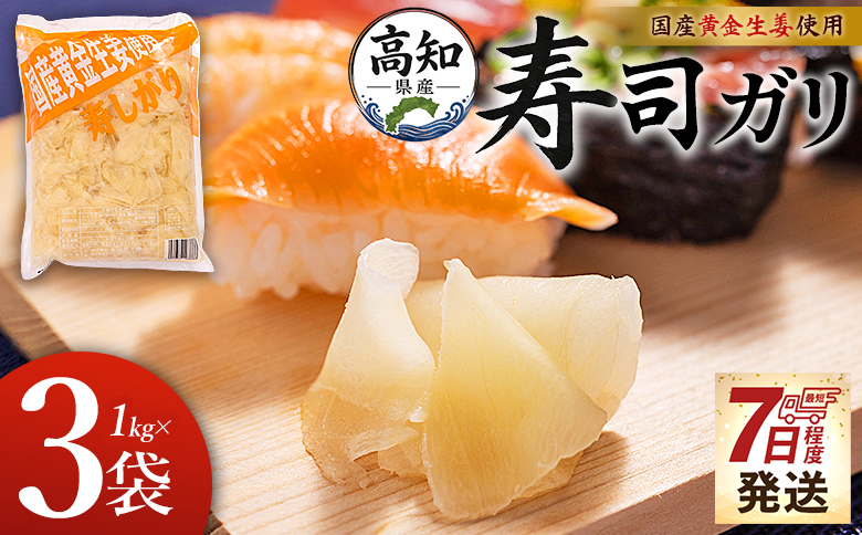 【7日程度で発送】国産黄金生姜使用 寿司ガリ 1kg×3袋 - 送料無料 早い スピード発送 7日程度 早く 届く 生姜 ジンジャー ガリ がり 寿司がり 寿しがり お寿司 付け合せ 漬物 漬け物 国産 特産品 黄金しょうが しょうが ショウガ 高知県産 坂田信夫商店 高知県 香南市 常温 Xnb-0012
