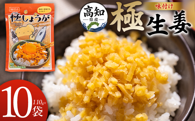 味付け 極しょうが 110g×10袋 計1100g - 送料無料 生姜 ジンジャー ご飯のお供 おかず トッピング アレンジ 料理 手軽 便利 刻み生姜 国産 特産品 しょうが ショウガ 高知県産 坂田信夫商店 高知県 香南市 常温 Xnb-0014