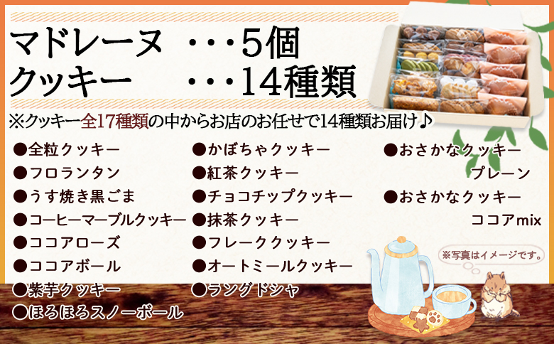 マドレーヌ5個とクッキー14袋 合計67枚以上セット - 手作り 焼き菓子 詰合せ 小袋 分けやすい おすそ分け おやつ お菓子と雑貨おひさん 高知県 香南市 oh-0010