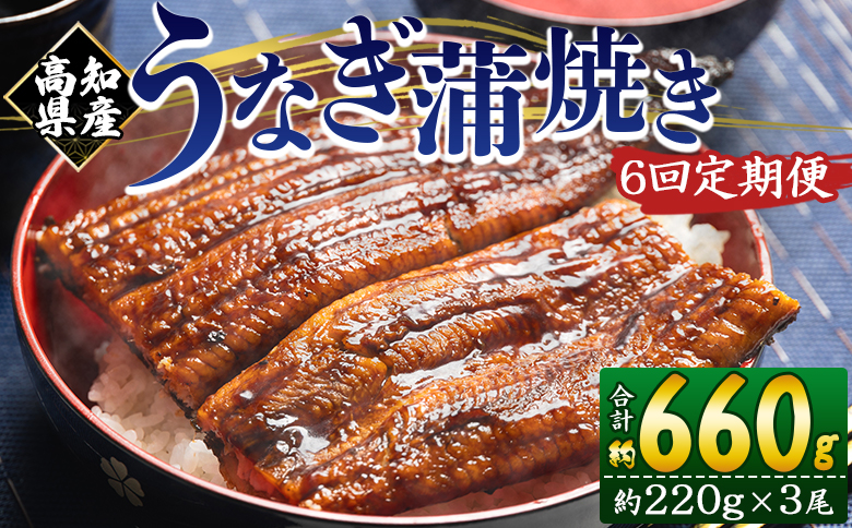 【６回定期便】高知県産養殖うなぎ蒲焼き 約220g×３尾 うなぎ 魚介 国産 海鮮 魚 かばやき 鰻 ウナギ 惣菜 おかず お手軽 加工品 加工食品 冷凍 Wfb-0067