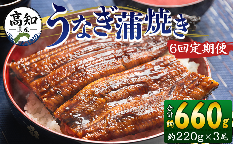 【６回定期便】高知県産養殖うなぎ蒲焼き 約220g×３尾 うなぎ 魚介 国産 海鮮 魚 かばやき 鰻 ウナギ 惣菜 おかず お手軽 加工品 加工食品 冷凍 Wfb-0067