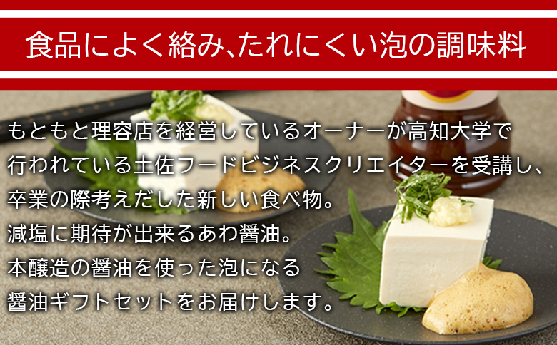 醤油 泡になる調味料 あわ醤油 2本(200ml×2) ギフトセット 減塩- 減塩 しょうゆ 食品によく絡む たれにくい泡の調味料 プレゼント 贈答品 のし対応可能 本醸造 泡容器 刺し身 さしみ 卵焼き 玉子焼き 豆腐 とうふ 冷奴 あわのもと 高知県 香南市 aw-0003