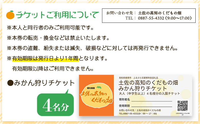 みかん狩り体験チケット 4名分(１０月中旬～１２月中旬頃) - ミカン狩り 蜜柑狩り 柑橘 フルーツ 利用券 旅行 観光 高知県 香南市 kd-0019