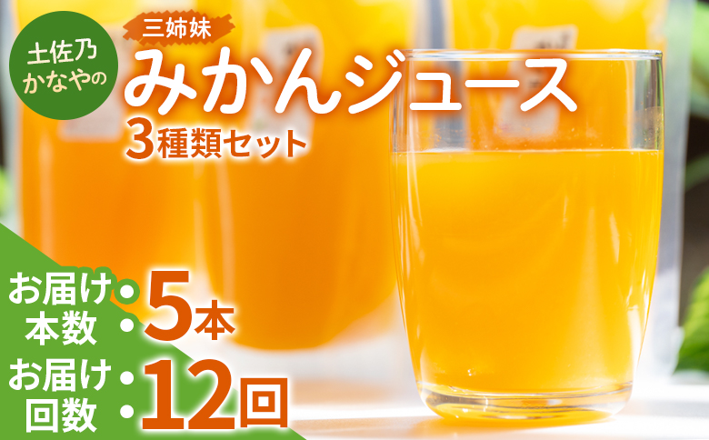 【定期便 12回】土佐乃かなやの三姉妹(みかんジュース) ３種類 各5本×12回 - 柑橘 ミカン 果物 フルーツ 濃厚 果汁 100％ ストレート 飲料 詰め合わせ ギフト お礼 合同会社Benifare 高知県 香南市 冷蔵 Wbe-0085