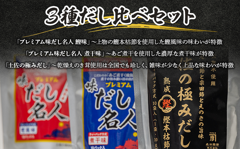 無添加素材の土佐のだし比べセット 計60パック - 3種 国産 高知県産 だしパック 出汁 万能だし 和風だし 粉末 調味料 食塩不使用 かつお節 昆布 煮干し えのき茸 手軽 簡単 味噌汁 みそ汁 煮物 うどん そば 蕎麦 森田鰹節株式会社 香南市 mk-0009