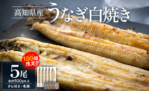 【限定100個】高知県産うなぎの白焼き 100ｇ～120ｇ×5尾 - 国産 鰻 ウナギ 有頭 背開き タレ付き つまみ ご飯のお供 老舗 土佐湾 吉川水産 高知県 香南市 冷凍 yw-0085