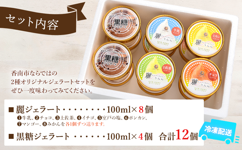 麗ジェラートと黒糖ジェラート 12個セット - アイスクリーム デザート スイーツ お菓子 洋菓子 詰合せ 詰め合わせ アソート フレーバー ギフト 贈り物 ドルチェかがみ 高知県 香南市 冷凍 dc-0073