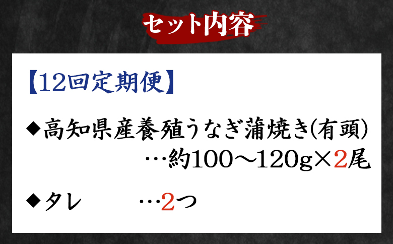 【１２回定期便】高知県産養殖うなぎ蒲焼き 100～120g 2尾 うなぎ 魚介 国産 海鮮 魚 かばやき 鰻 ウナギ 惣菜 おかず お手軽 加工品 加工食品 冷凍 Wfb-0040