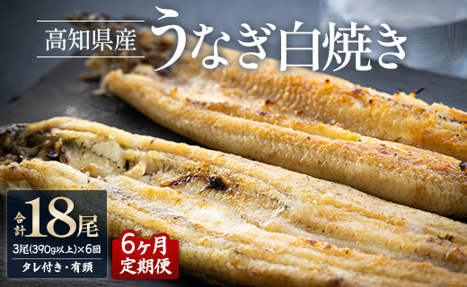 【6ヶ月定期便】高知県産うなぎの白焼き 合計18尾 (3尾390g以上×6回) タレ付き エコ包装 - 鰻 ウナギ しらやき 有頭 つまみ ご飯のお供 ごはん 丼 たれ 簡易 Wyw-0070