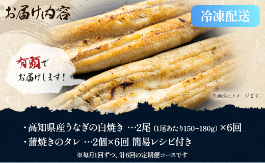 【6ヶ月定期便】高知県産うなぎの白焼き 合計12尾 (2尾300g以上×6回) タレ付き エコ包装 - 鰻 ウナギ しらやき 有頭 つまみ ご飯のお供 ごはん 丼 たれ 簡易 Wyw-0075