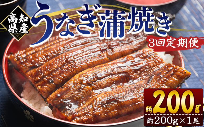 【３回定期便】高知県産養殖うなぎ蒲焼き 約200g×１尾 魚介 国産 海鮮 魚 かばやき 鰻 ウナギ 惣菜 おかず お手軽 加工品 加工食品 冷凍 Wfb-0046