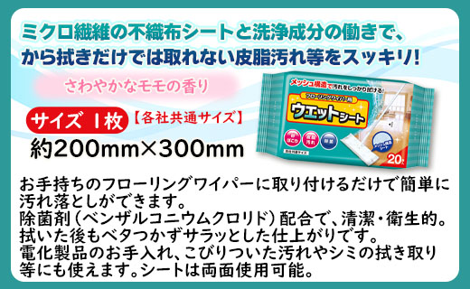 フローリングワイパー用 ウェットシート 20枚×12個(合計240枚) - 日本製 お掃除用品 そうじ 除菌 掃除シート 清掃 床 使い捨て つかいすて 日用品 日用消耗品 大掃除 メッシュ構造 汚れ クリーン キレイ しっかり 拭く ふく 挨拶 あいさつ 御礼 お礼 日常使い 普段 衛生 清潔 よごれ 両面 使用 すっきり スッキリ 簡単 お手入れ 皮脂汚れ 洗浄 さわやか 爽やか 香り かおり モモ 桃 高知県 香南市 常温 hg-0022