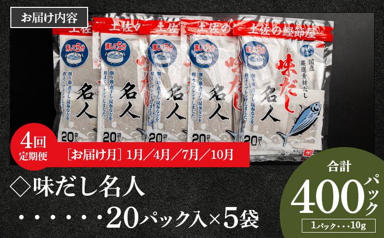 【４回定期便】無添加のお徳用味だし 計100パック 1月・4月・7月・10月お届け - 国産 だしパック 出汁 万能だし 和風だし 粉末 調味料 食塩不使用 かつお節 昆布だし 煮干し 手軽 簡単 味噌汁 みそ汁 煮物 うどん そば 蕎麦 Wmk-0016