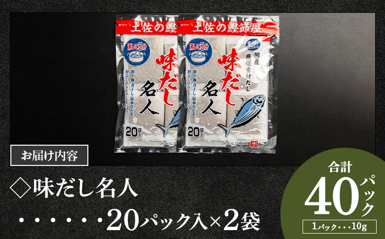 スピード発送　無添加のお徳用味だし 計４０パック - 国産 だしパック 出汁 万能だし 和風だし 粉末 調味料 食塩不使用 かつお節 昆布だし 煮干し 手軽 簡単 味噌汁 みそ汁 煮物 うどん そば 蕎麦 森田鰹節 高知県 香南市 mk-0022