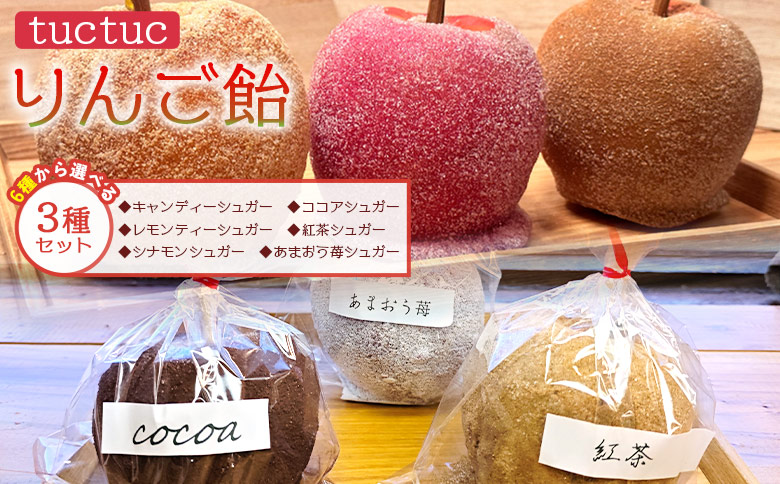 りんご飴 6種類から選べる3本セット - リンゴ飴 りんごあめ 個包装 キャンディーシュガー レモンシュガー シナモンシュガー あまおう苺シュガー 紅茶シュガー ココアシュガー リンゴ 林檎 スイーツ おやつ お菓子 tuctuc 高知県 香南市 冷蔵 tt-0015