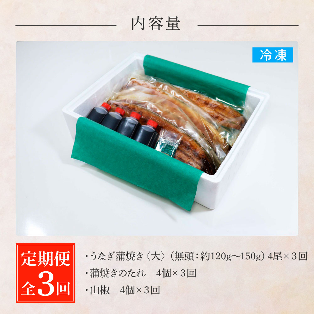 田野町産うなぎの蒲焼き(大) 4尾×3回 定期便 3ヶ月 定期コース 1尾あたり120～150g タレ付き 山椒付き うなぎ 鰻 ウナギ 蒲焼き かば焼き 無頭 おいしい 国産 お取り寄せ 冷凍 配送