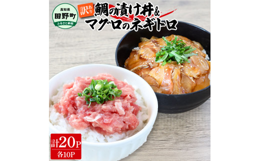 〜四国一小さなまち〜 訳あり 鯛の漬け丼＆マグロのネギトロ 各10P 計20P タイ たい まぐろ 鮪 海鮮丼 ねぎとろ まぐろたたき 粗挽き ねぎとろ丼 ネギトロ丼 魚介 惣菜 おかず 訳アリ