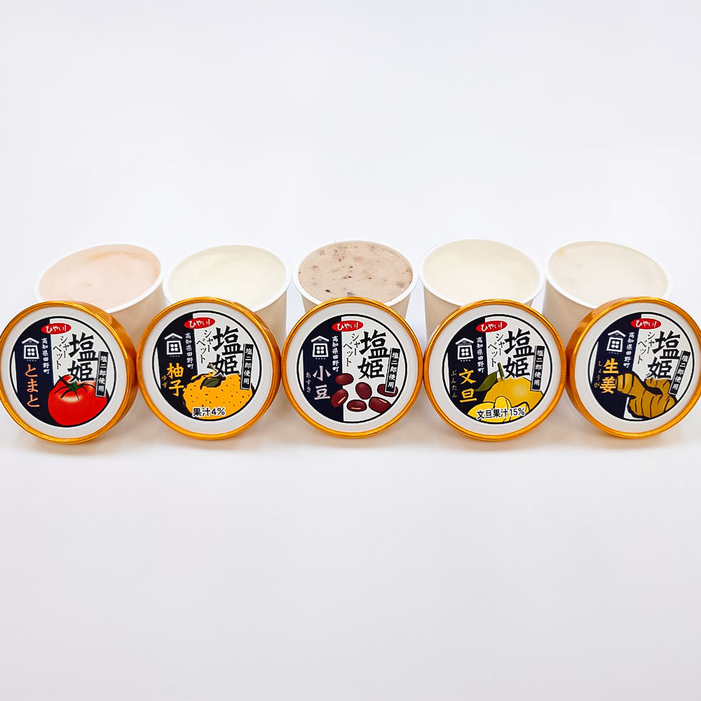 塩姫シャーベット ５種詰め合わせセット 100ml×10個 柚子 文旦 トマト 生姜 小豆 ミネラル 田野屋塩二郎 天日塩 アイス あいす シャーベット 冷凍