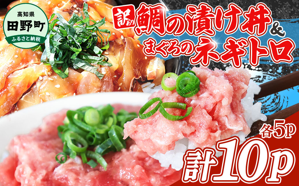 〜四国一小さなまち〜 訳あり 鯛の漬け丼＆マグロのネギトロ 各5P 計10P タイ たい まぐろ 鮪 海鮮丼 ねぎとろ まぐろたたき 粗挽き ねぎとろ丼 ネギトロ丼 魚介 惣菜 おかず 訳アリ