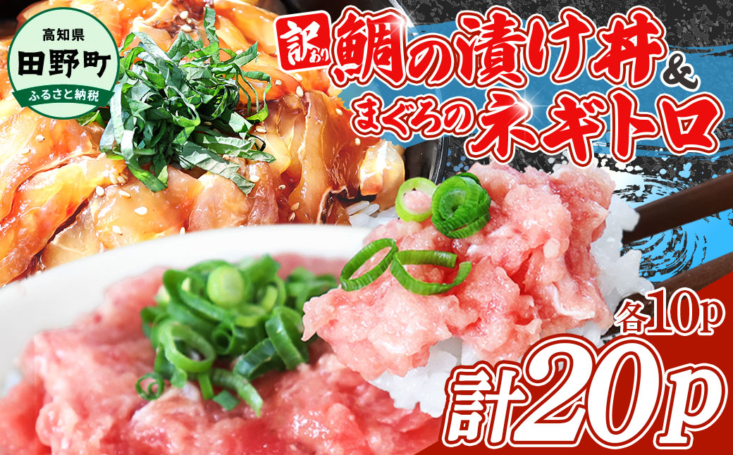 〜四国一小さなまち〜 訳あり 鯛の漬け丼＆マグロのネギトロ 各10P 計20P タイ たい まぐろ 鮪 海鮮丼 ねぎとろ まぐろたたき 粗挽き ねぎとろ丼 ネギトロ丼 魚介 惣菜 おかず 訳アリ