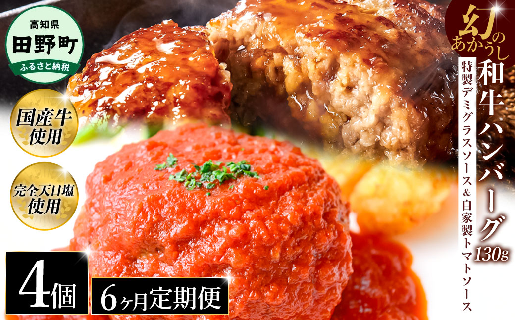 幻のあかうし和牛ハンバーグ 4個入り 6ヶ月定期便 1個120g 特製デミソース トマトソース付き 田野屋青蜂 白鯆 完全天日塩練り込み 肉 お肉 国産牛 おかず おいしい お取り寄せ 冷凍 配送 高知県 田野町