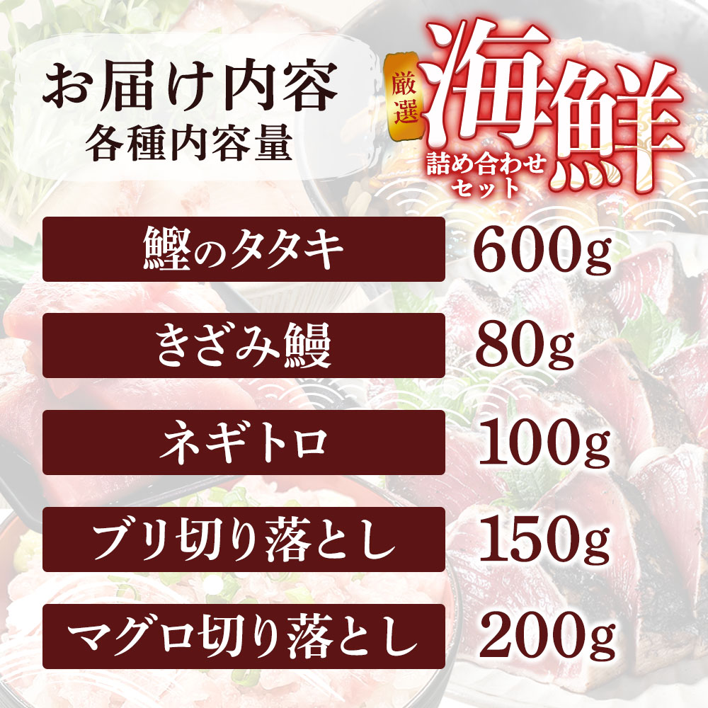 厳選 海鮮5種詰め合わせセット 鰹のタタキ600g マグロ切り落とし200g ブリ切り落とし150g きざみ鰻80g ネギトロ100g かつお カツオ まぐろ 鮪 ぶり うなぎ 冷凍 高知 小分け おいしい 高知県 田野町