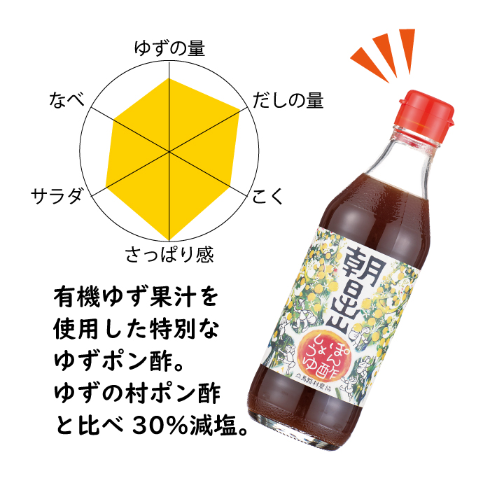 【年内配送】 朝日出山 ぽん酢 360ml×3本 減塩 調味料 ゆず ポン酢 柚子 お中元 お歳暮  ゆずぽん ユズ ドレッシング 鍋 水炊き ギフト 贈答用 のし 有機 オーガニック 無添加 産地直送 高知県 馬路村 【499】