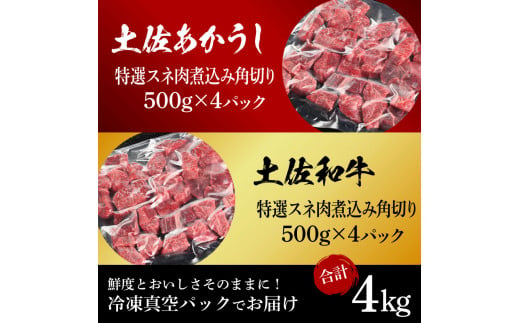 土佐あかうし＆土佐和牛2種食べ比べ（500g×8パック）4キロ 4kg 特選スネ肉煮込み角切り 牛肉 赤牛 和牛 カレー シチュー 国産 エイジングビーフ 天下味 エイジング工法 熟成肉 ギフト