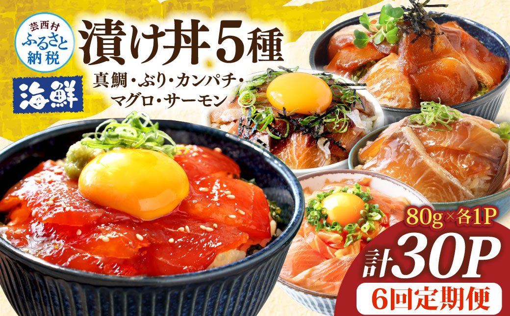 漬け丼5種セット 真鯛・ブリ・カンパチ・マグロ・サーモン 1食80g×計30P 6回定期便 タイ 鰤 鮪 海鮮丼 刺身 海鮮 魚介 魚 お茶漬け 炊き込みご飯 惣菜 おかず 冷凍 配送
