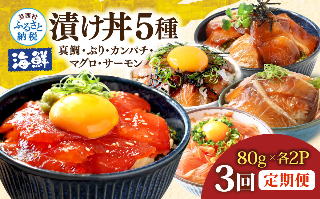 漬け丼5種セット 真鯛・ブリ・カンパチ・マグロ・サーモン 1食80g×各2P 3回定期便 タイ 鰤 鮪 海鮮丼 刺身 海鮮 魚介 魚 お茶漬け 炊き込みご飯 惣菜 おかず 冷凍 配送