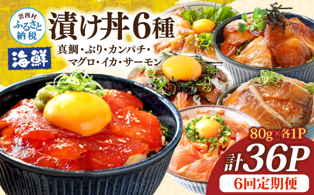 漬け丼6種セット 真鯛・ブリ・カンパチ・マグロ・サーモン・イカ 1食80g×計36P 6回定期便 タイ 鰤 鮪 海鮮丼 刺身 海鮮 魚介 魚 お茶漬け 炊き込みご飯 惣菜 おかず 冷凍 配送