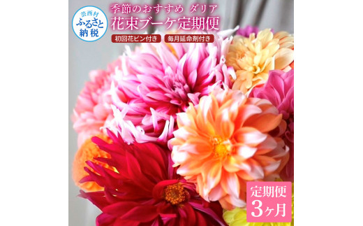 《3ヵ月定期便》 ダリア 花束 初回花瓶付 定期便 定期コース 全3回 延命剤付き ラッピング 花びん 生花 花束 ブーケ 花 お花 可愛い キレイ おしゃれ 供花 お供え ギフト プレゼント