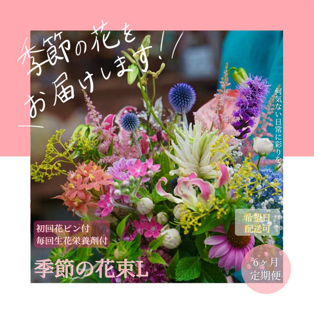 《6ヵ月定期便》生花花束 ブーケ 初回花瓶付L 定期便 定期コース 全6回 初回花瓶付き 延命剤付き 花びん 生花 花束 ブーケ 花 お花 おすすめ 可愛い キレイ おしゃれ 季節のお花