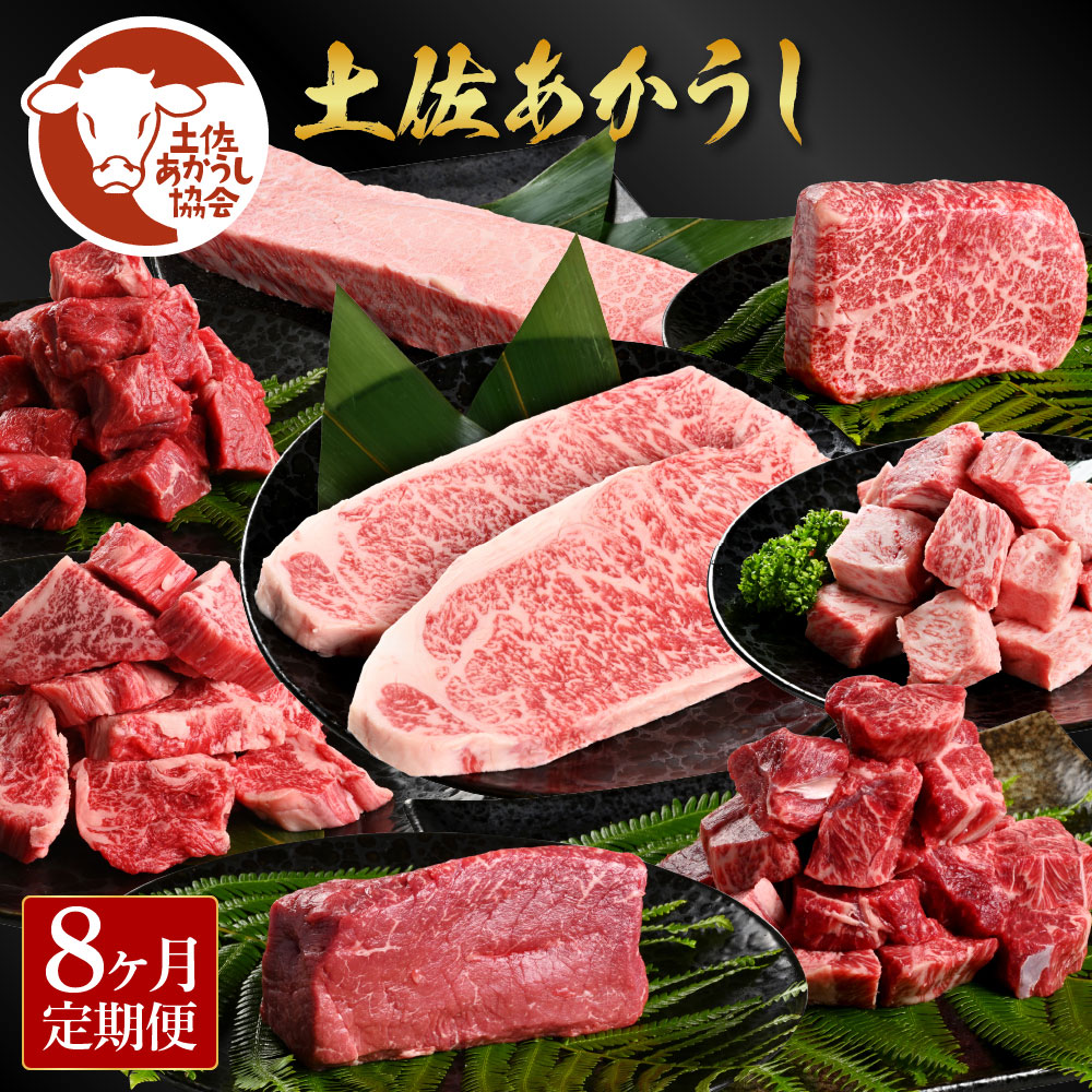 ＜8ヶ月定期便＞ 土佐あか牛協会が認定する「土佐熟成あかうし」8種（合計3.3kg）サイコロステーキ ロース カルビ スネ ヒレ サーロイン ブロック肉 特選 赤身 牛 牛肉 和牛 国産 天下味 エイジング工法 熟成肉