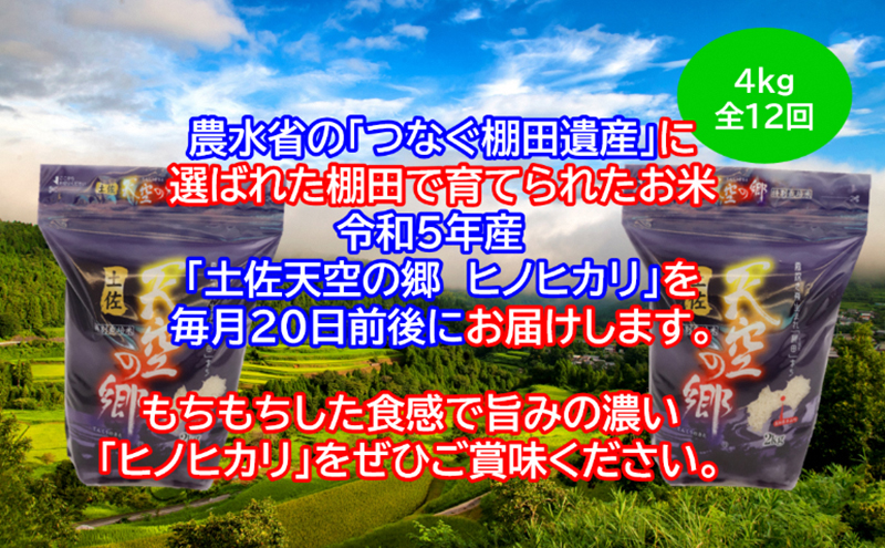 ★令和5年産★農林水産省の「つなぐ棚田遺産」に選ばれた棚田で育てられた 土佐天空の郷 ヒノヒカリ 4kg定期便  毎月お届け　全12回