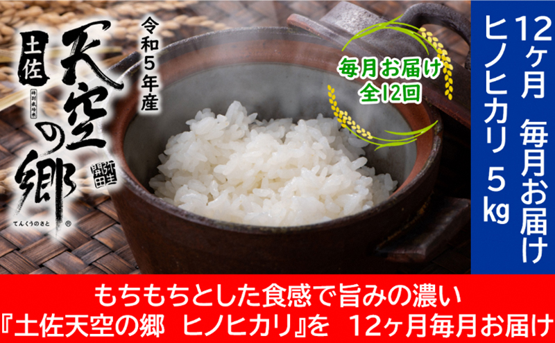 ★令和5年産★農林水産省の「つなぐ棚田遺産」に選ばれた棚田で育てられた 土佐天空の郷 ヒノヒカリ 5kg定期便  毎月お届け　全12回