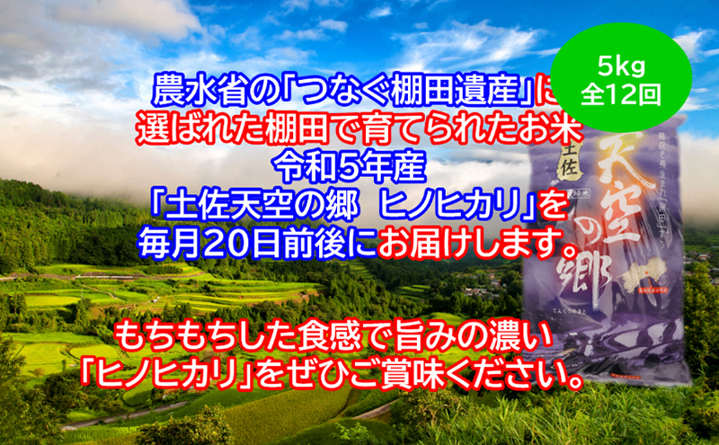 ★令和5年産★農林水産省の「つなぐ棚田遺産」に選ばれた棚田で育てられた 土佐天空の郷 ヒノヒカリ 5kg定期便  毎月お届け　全12回