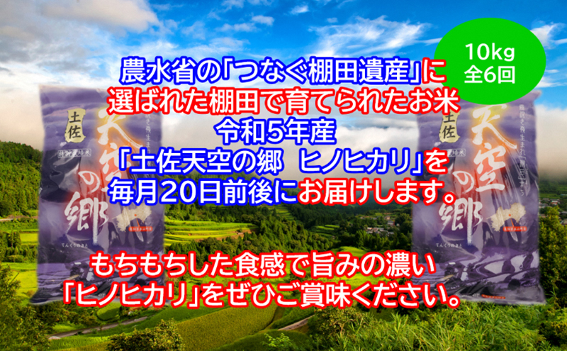 ★令和5年産★農林水産省の「つなぐ棚田遺産」に選ばれた棚田で育てられた 土佐天空の郷 ヒノヒカリ 10kg 定期便  毎月お届け　全6回