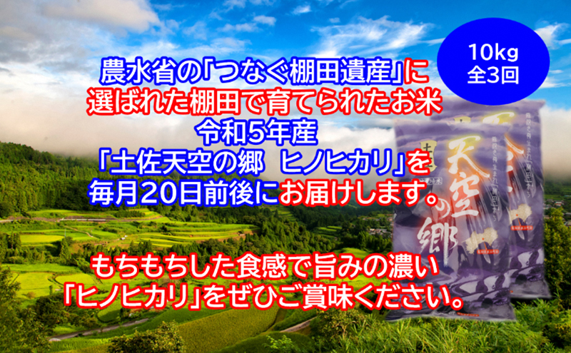 ★令和5年産★農林水産省の「つなぐ棚田遺産」に選ばれた棚田で育てられた 棚田米土佐天空の郷 ヒノヒカリ 10kg定期便　毎月お届け全3回