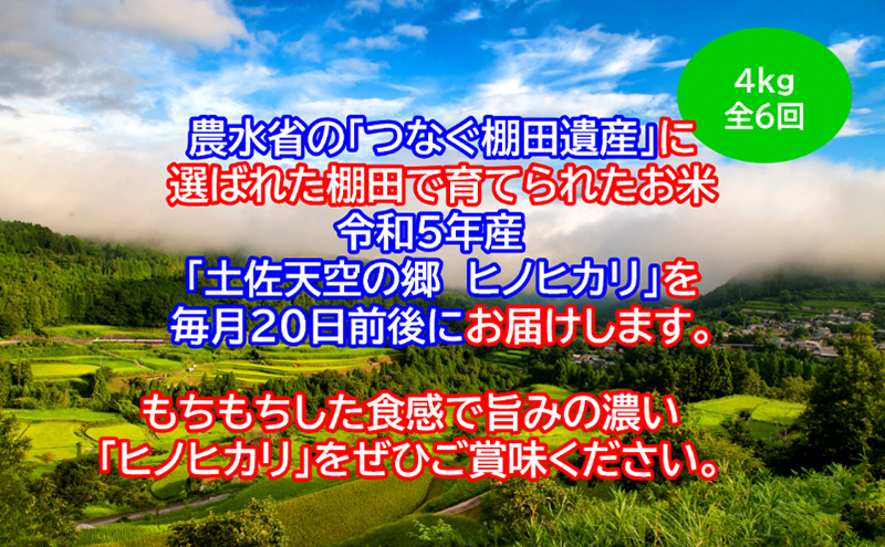 ★令和5年産★農林水産省の「つなぐ棚田遺産」に選ばれた棚田で育てられた土佐天空の郷 ヒノヒカリ 4kg定期便 毎月お届け 全6回