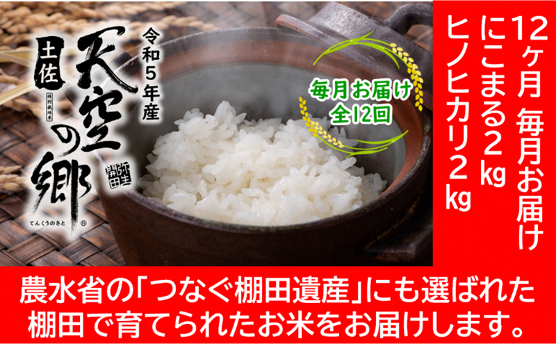 ★令和5年産★農林水産省の「つなぐ棚田遺産」に選ばれた棚田で育てられた 棚田米 土佐天空の郷　2kg食べくらべセット定期便 毎月お届け 全12回