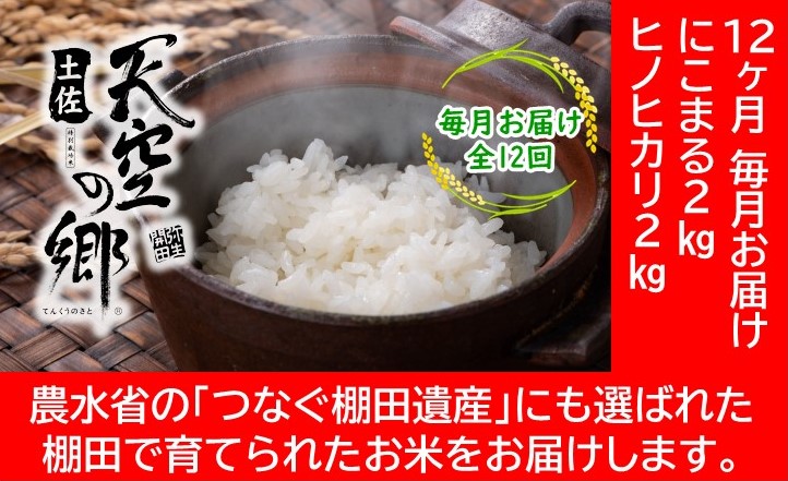 農林水産省の「つなぐ棚田遺産」に選ばれた棚田で育てられた 棚田米 土佐天空の郷　2kg食べくらべセット定期便 毎月お届け 全12回