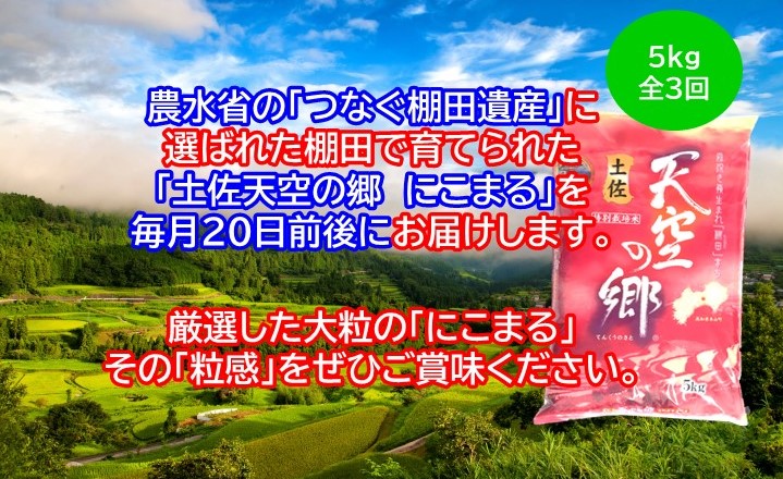 2010年・2016年 お米日本一コンテスト inしずおか 特別最高金賞受賞土佐天空の郷　にこまる　5kg　毎月お届け全3回