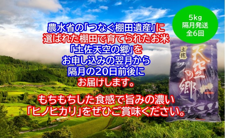 農林水産省の「つなぐ棚田遺産」に選ばれた棚田で育てられた 土佐天空の郷 ヒノヒカリ 5kg 定期便 隔月お届け 全6回