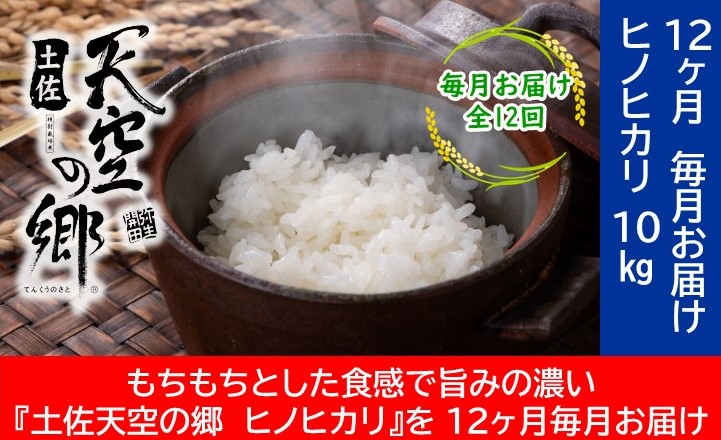 農林水産省の「つなぐ棚田遺産」に選ばれた棚田で育てられた 土佐天空の郷 ヒノヒカリ10kg 定期便 　毎月お届け　全12回