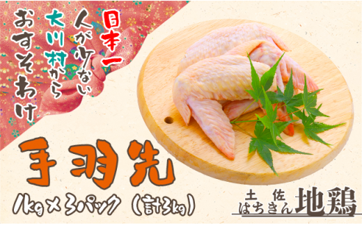 土佐はちきん地鶏 手羽先 1kg×3パック 計3kg 地鶏 鶏肉 とり肉 とりにく 肉 おつまみ 鶏 手羽 チキン 食品 高知県 大川村 F6R-027