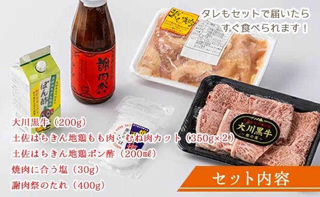 大川村謝肉祭セット（土佐はちきん地鶏700g 大川黒牛200g 大川村謝肉祭のたれ400g 塩30g ポン酢200ml）期間限定 地鶏 詰合せ もも肉 モモ むね肉 ムネ 胸肉 鶏肉 とり肉 とりにく 肉 高知県 大川村 F6R-082